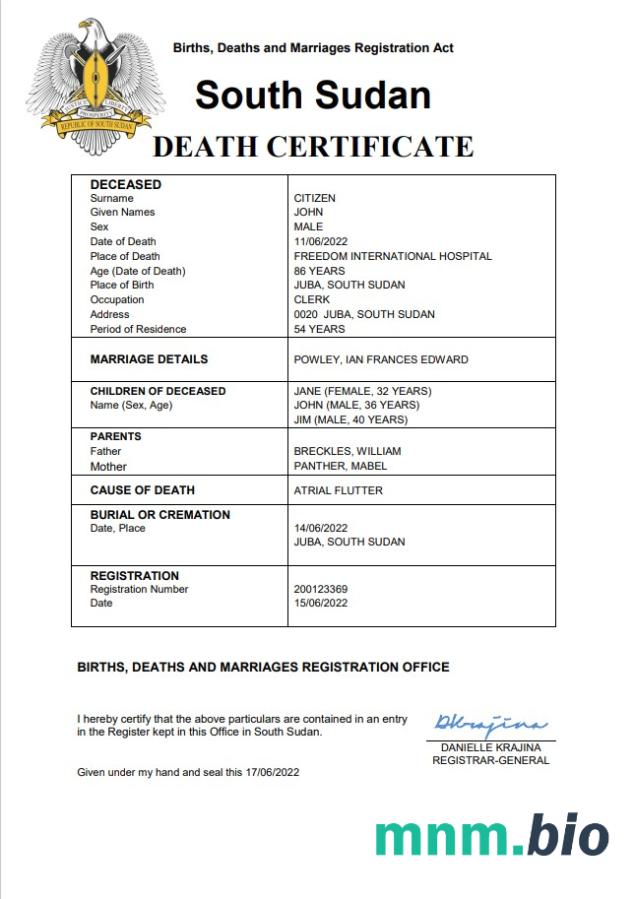 South Sudan rekord życiowy śmierć certyfikat Word i PDF szablon